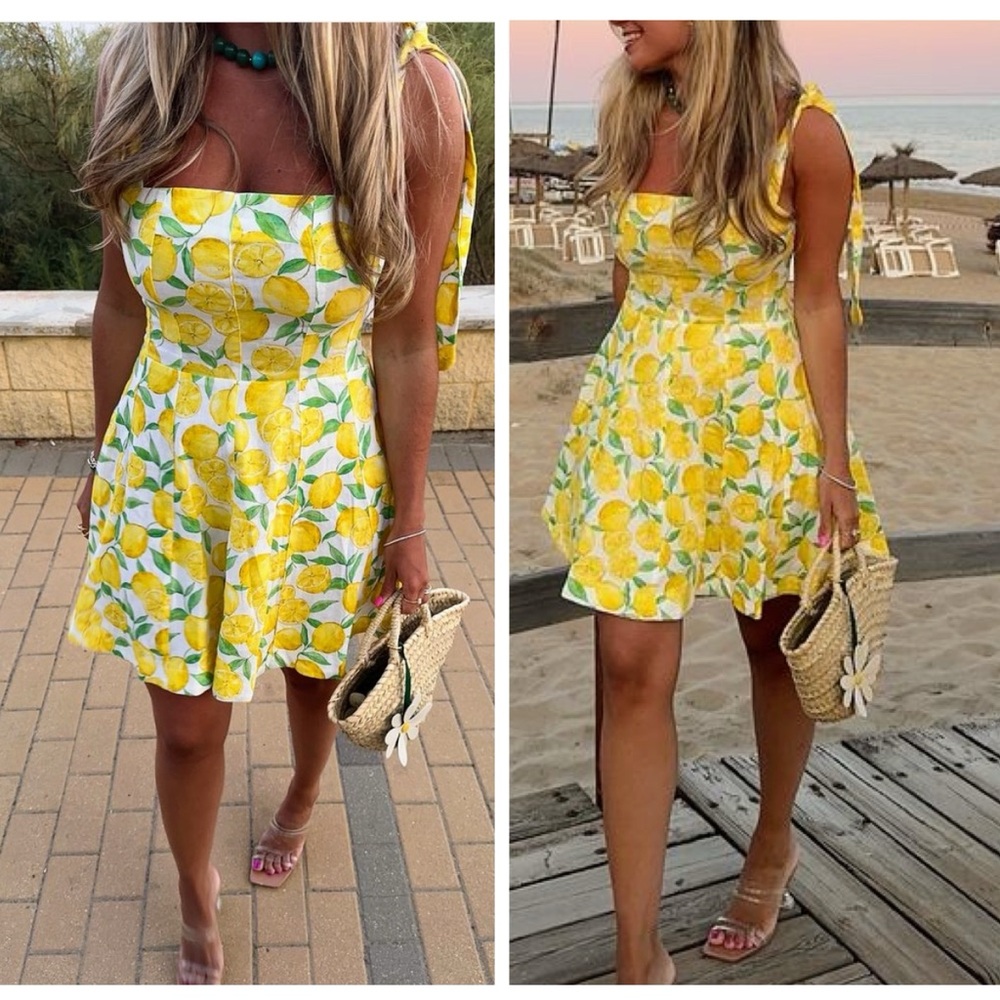 ZARA lemon print linen blend dress blogger favorite